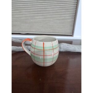 World Market Plaid Ceramic Coffee Mug Orange Green Grid Pattern Rounded Cup